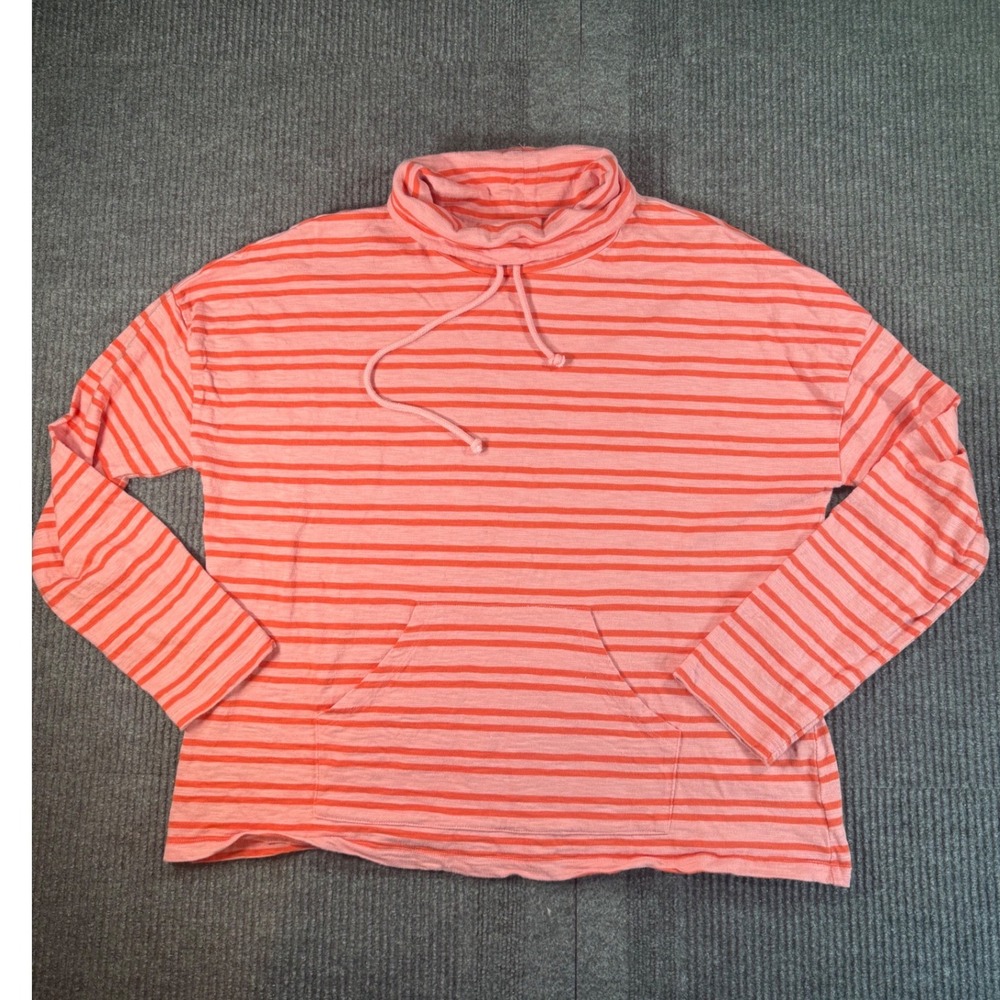 Carve Designs Cowl Neck Pullover Top XL Pink Coral Striped Kangaroo Pocket Slub